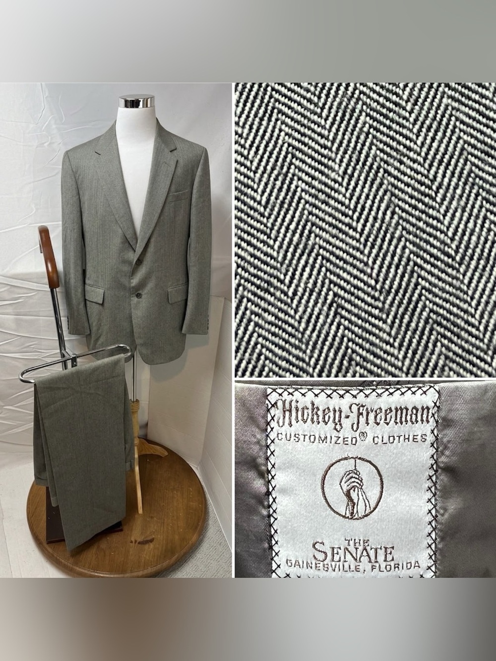 Hickey Freeman Men's 46L Blazer 40x34 Pants Gray Herringbone Tonal Stripe Suit